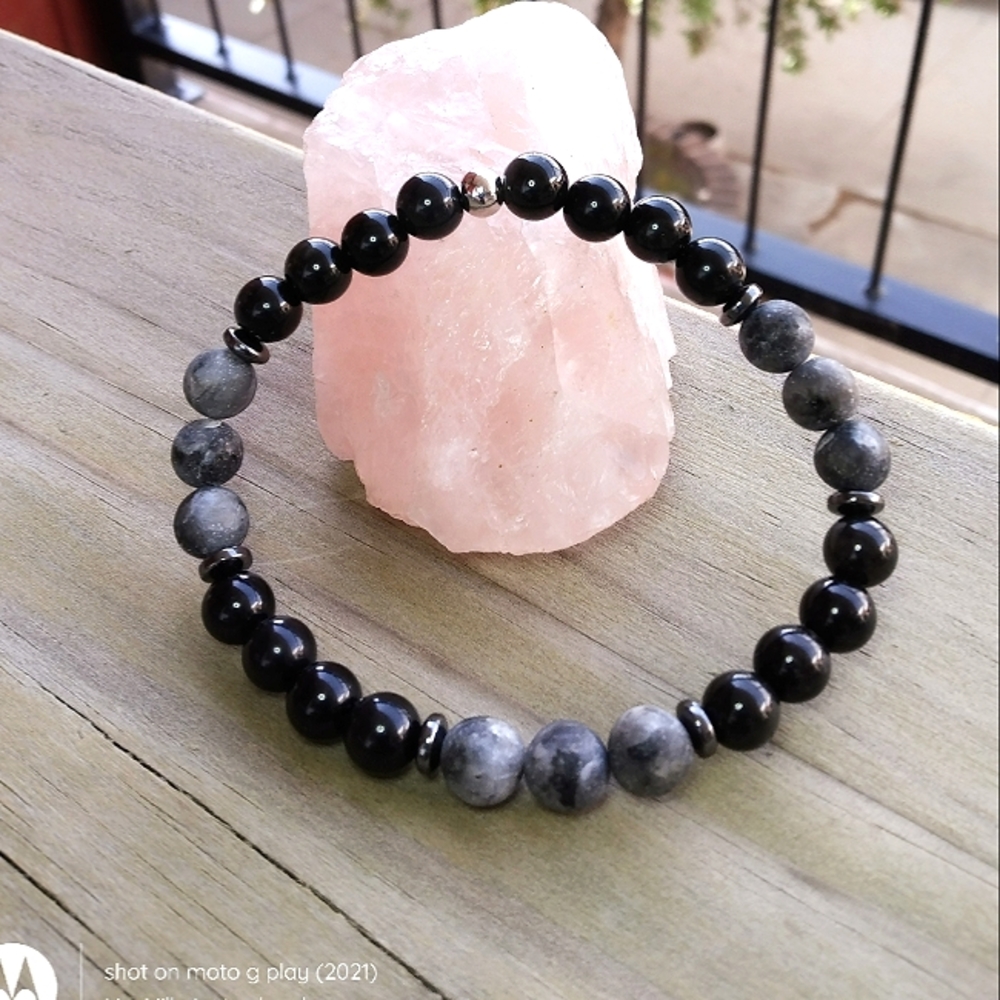 Matt Larvikite Labradorite and Natural Rainbow Obsidian Beaded Bracelet.